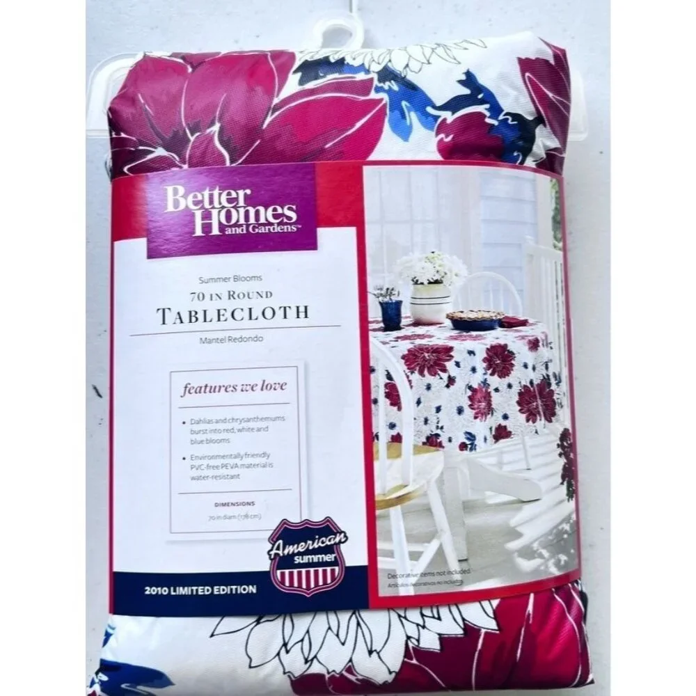 Better Homes Gardens‎ Tablecloth 70 In Round Red White Blue Summer Blooms PEVA